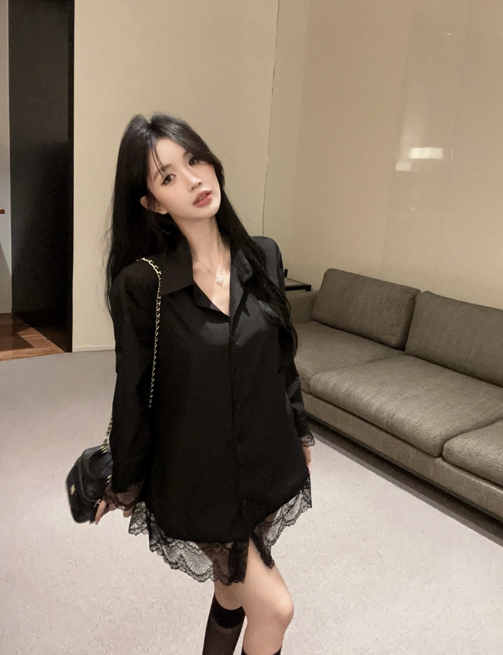 Lace spring shirt splice with belt dress for women