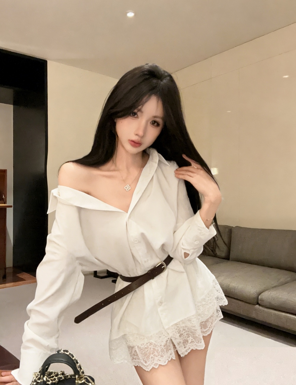 Lace spring shirt splice with belt dress for women