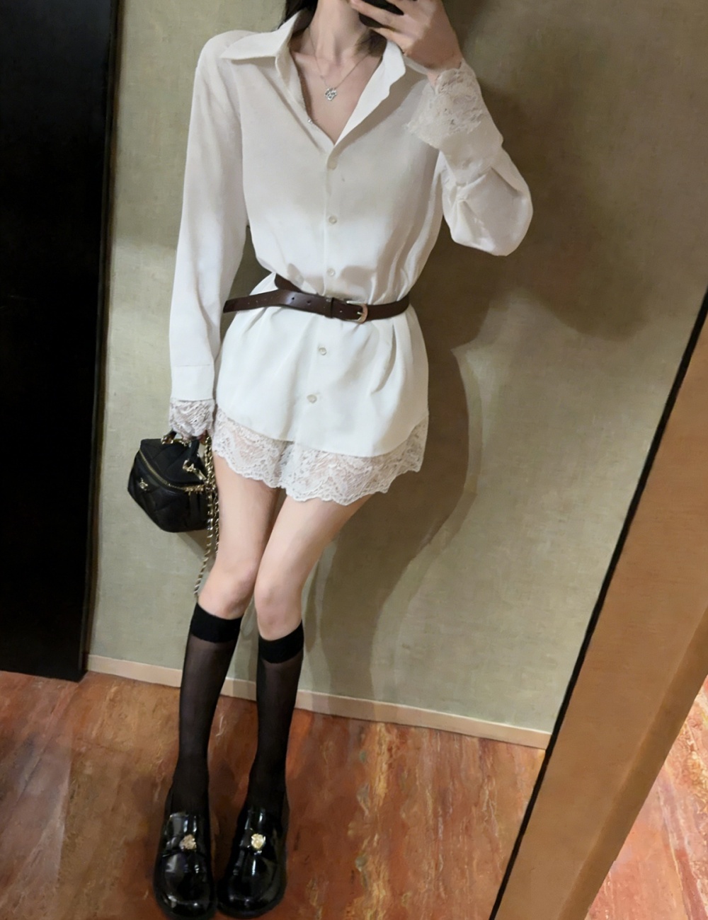 Lace spring shirt splice with belt dress for women