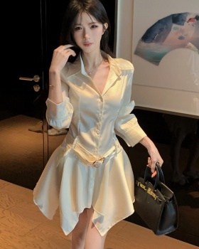 Glossy France style dress enticement pinched waist shirt