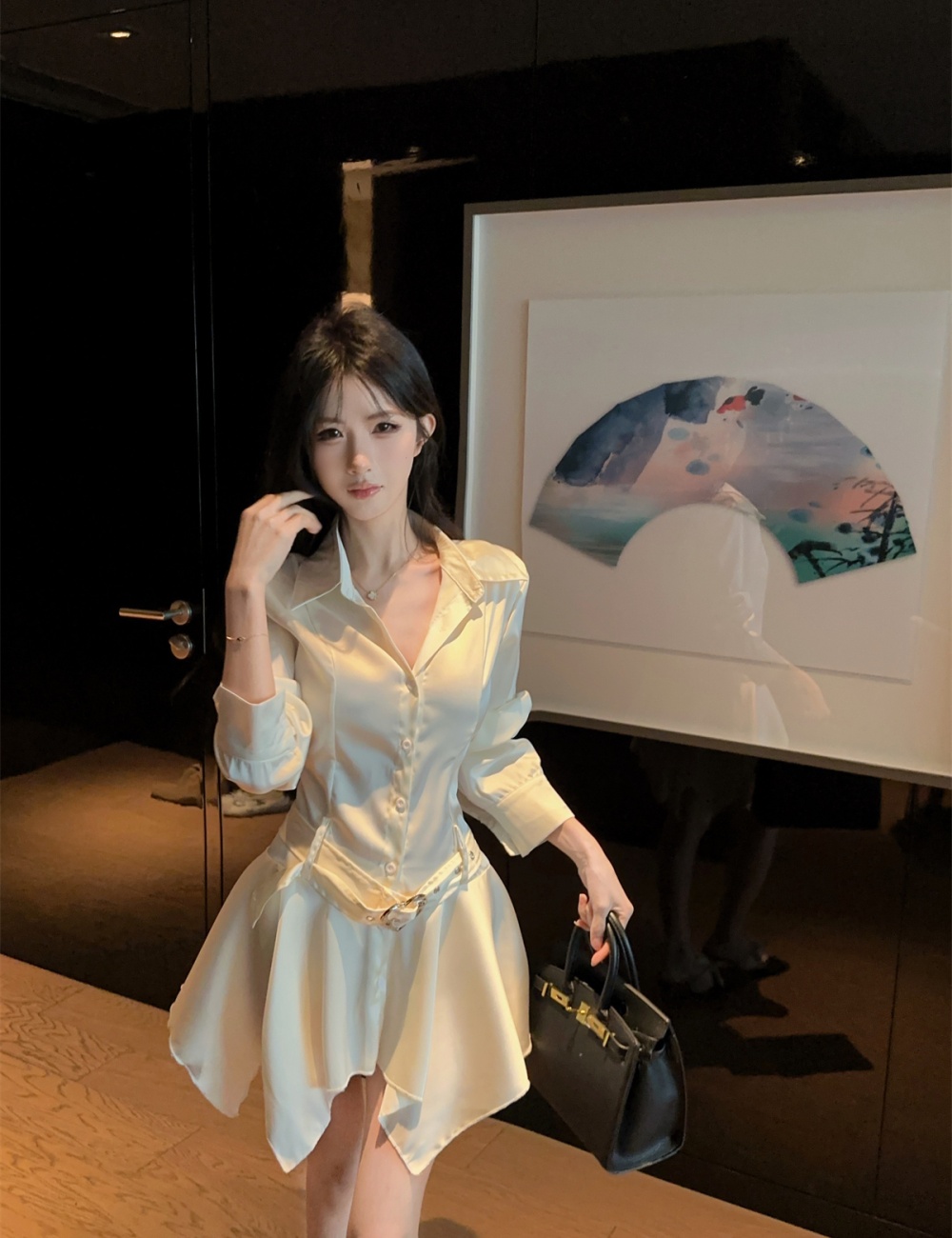 Glossy France style dress enticement pinched waist shirt