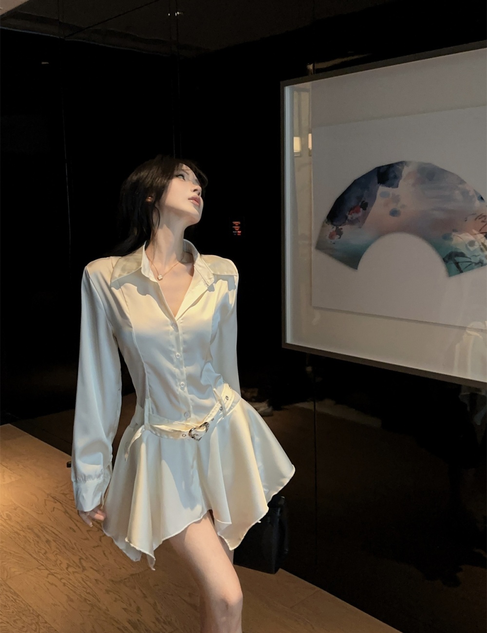 Glossy France style dress enticement pinched waist shirt