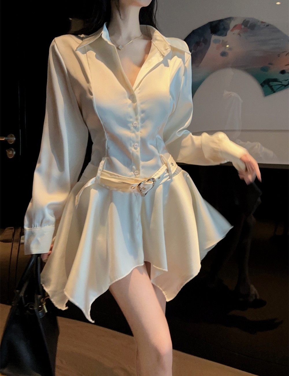 Glossy France style dress enticement pinched waist shirt