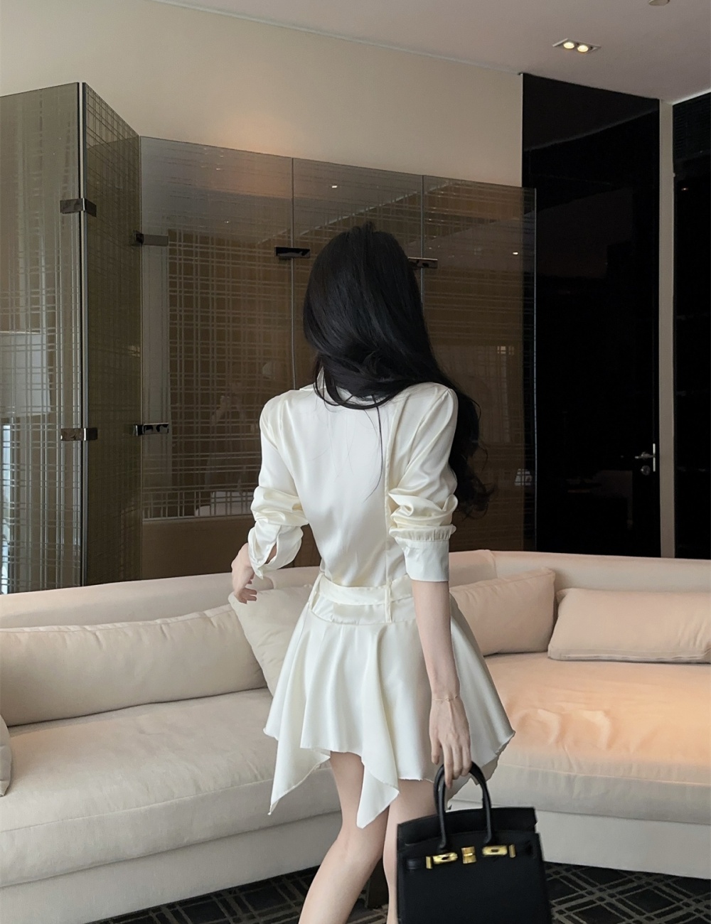 Glossy France style dress enticement pinched waist shirt