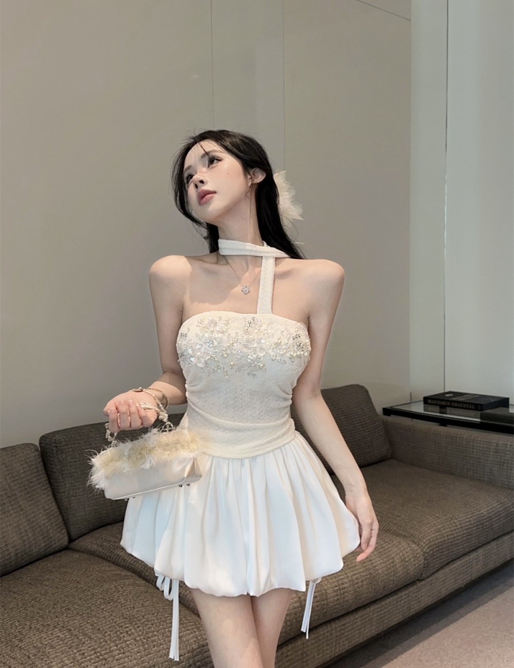 Spring beading short skirt satin tops a set for women