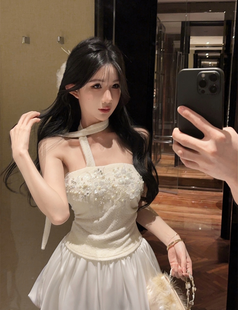 Spring beading short skirt satin tops a set for women