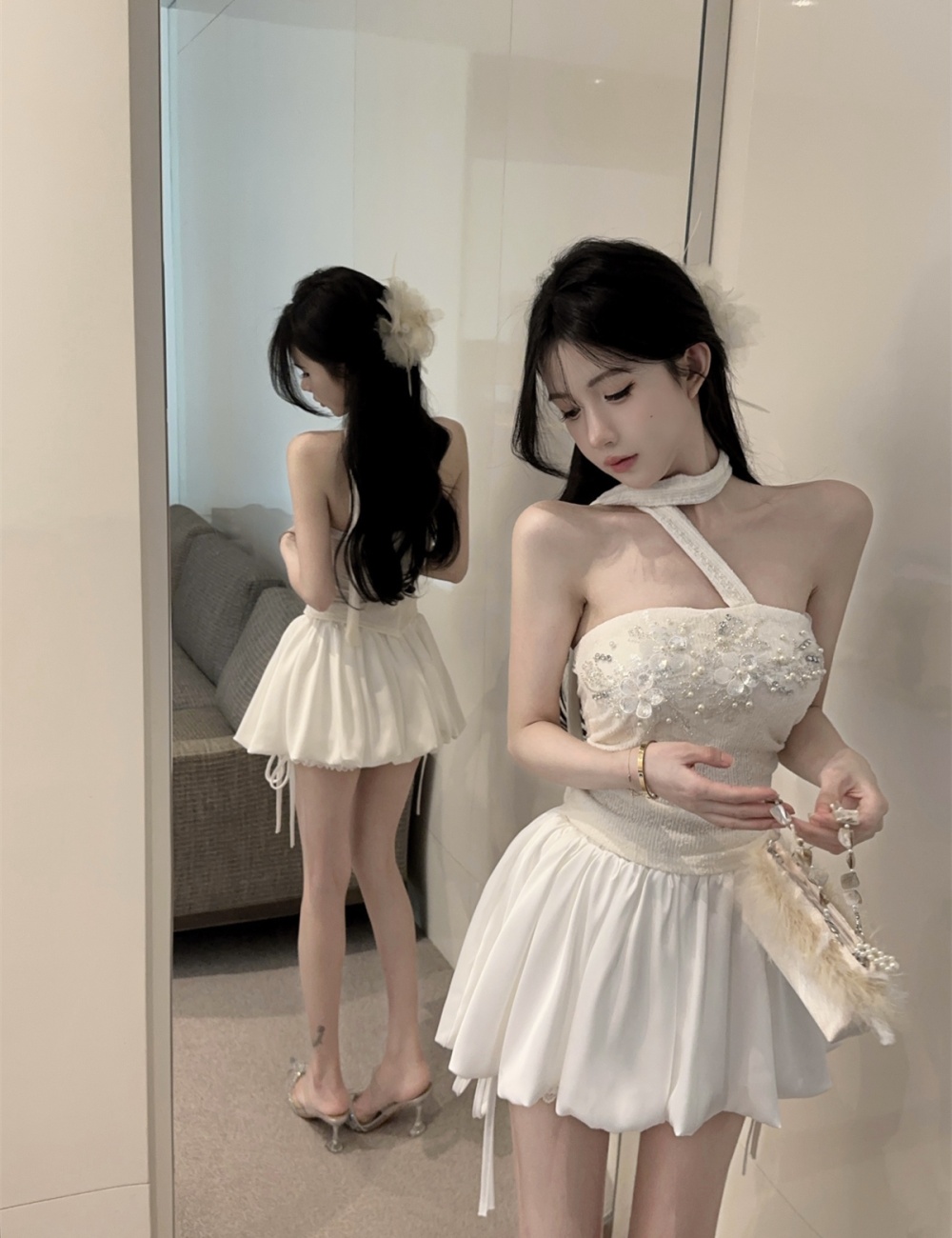 Spring beading short skirt satin tops a set for women