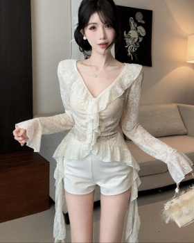 Lotus leaf edges lace trumpet sleeves tops