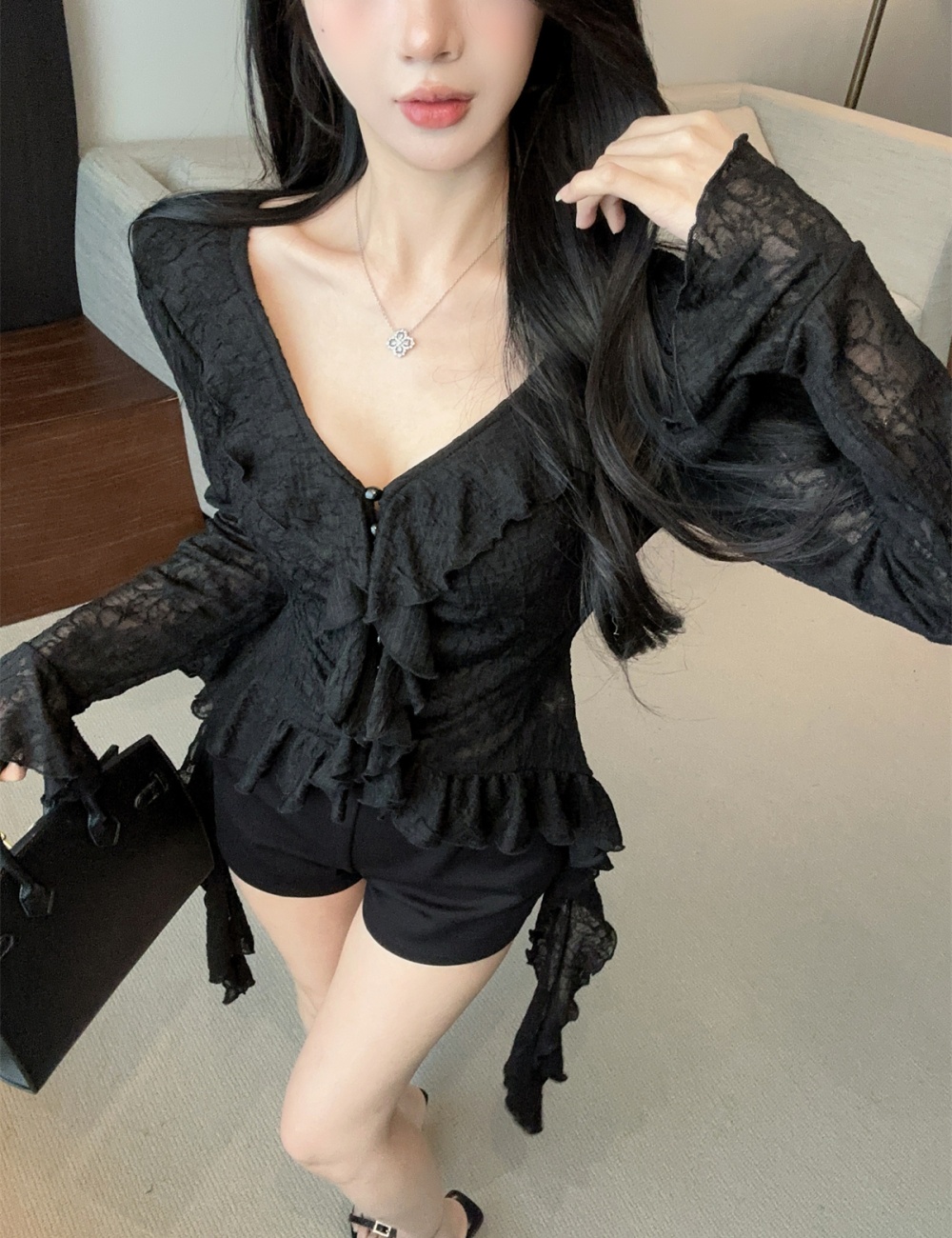 Lotus leaf edges lace trumpet sleeves tops