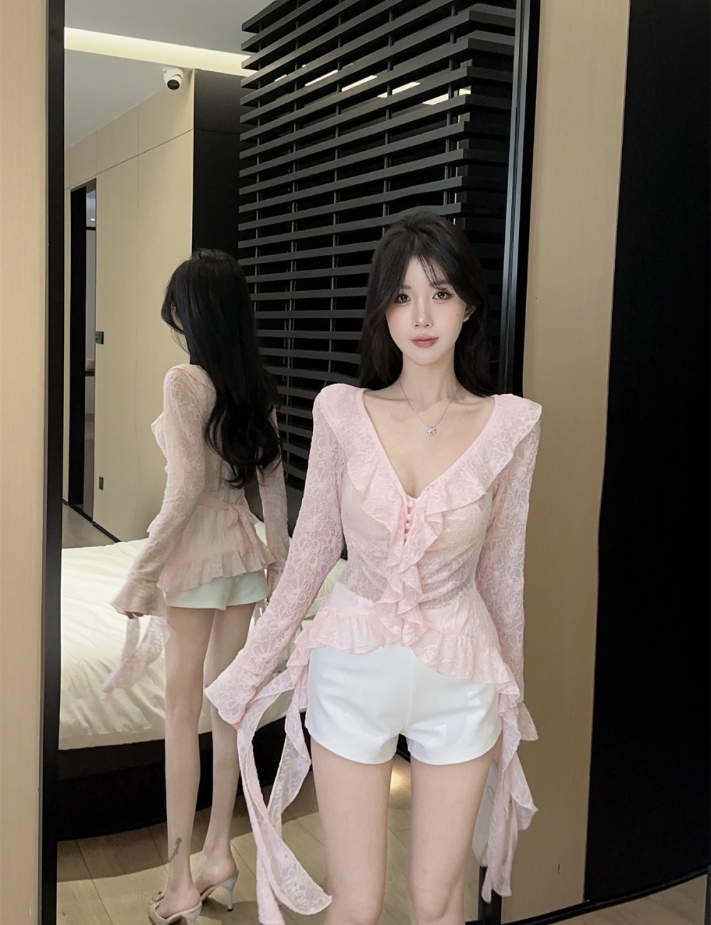 Lotus leaf edges lace trumpet sleeves tops