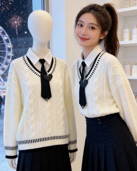 College style show young tops Pseudo-two maiden sweater