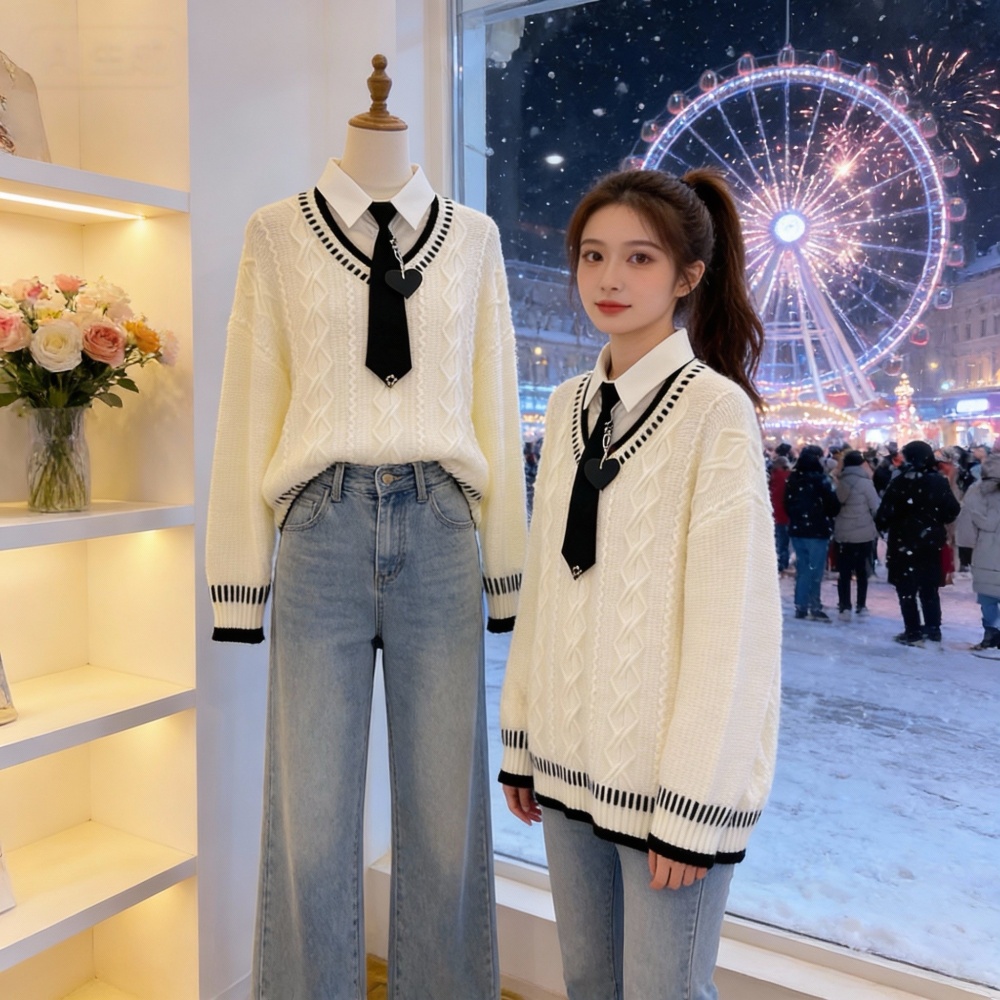 College style show young tops Pseudo-two maiden sweater