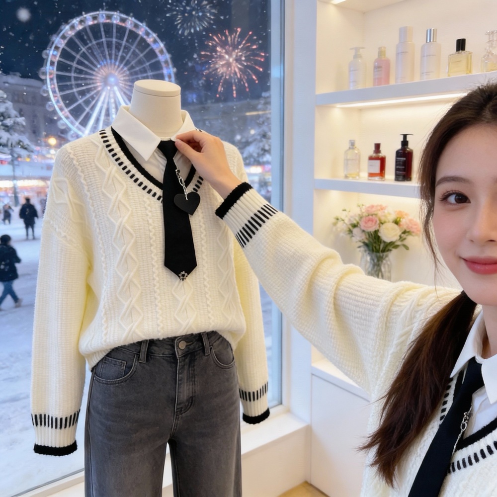 College style show young tops Pseudo-two maiden sweater