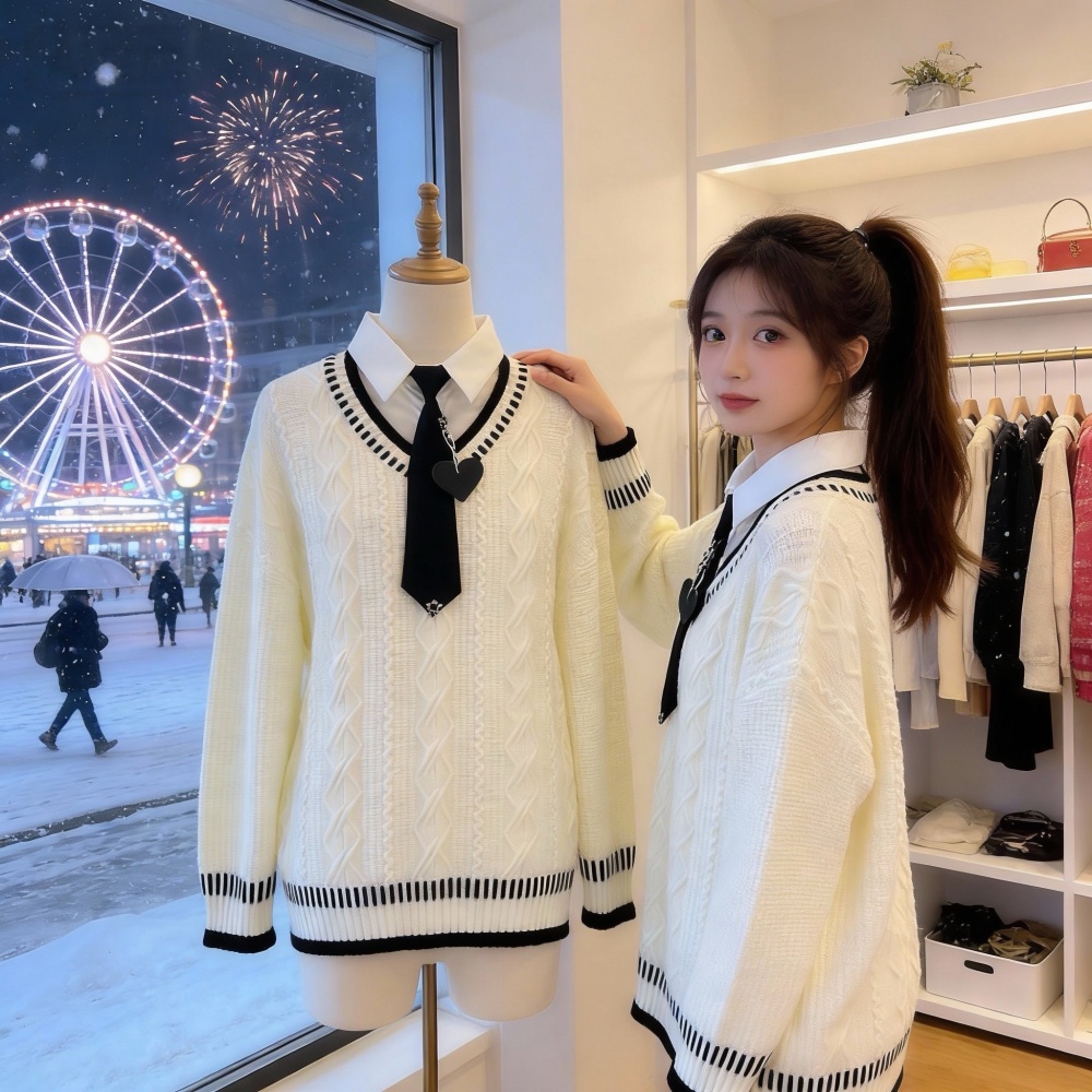 College style show young tops Pseudo-two maiden sweater