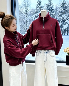 Lazy loose hoodie cstand collar half zip tops for women