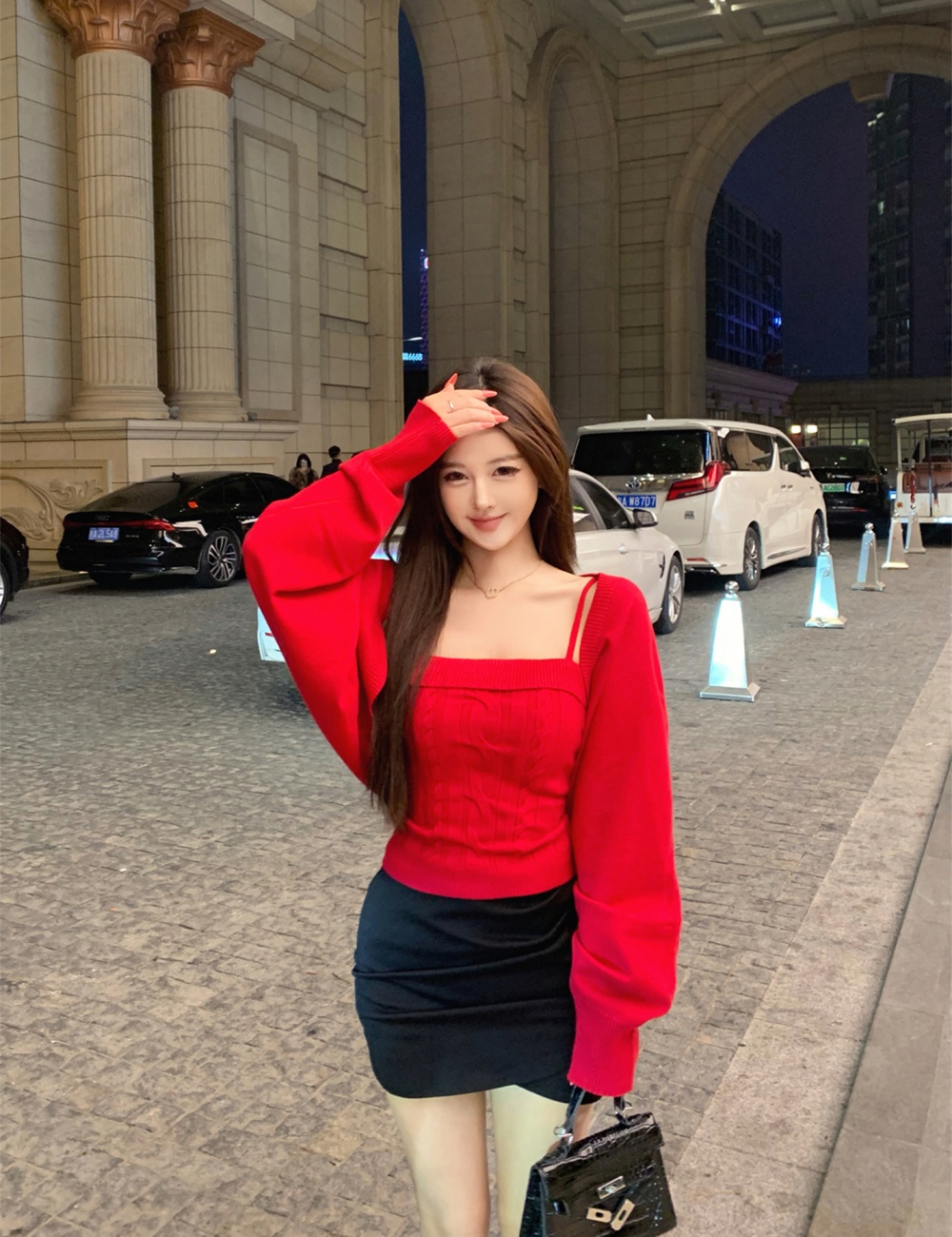 Lantern sleeve cardigan sling vest 2pcs set for women