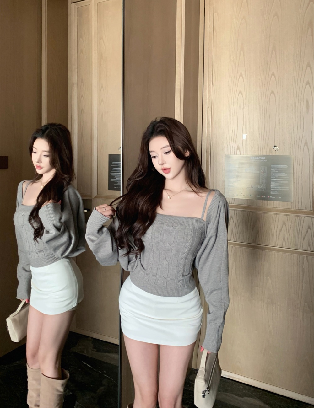 Lantern sleeve cardigan sling vest 2pcs set for women