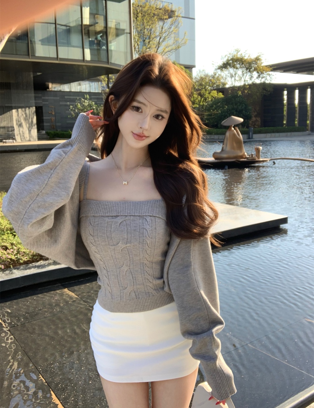 Lantern sleeve cardigan sling vest 2pcs set for women