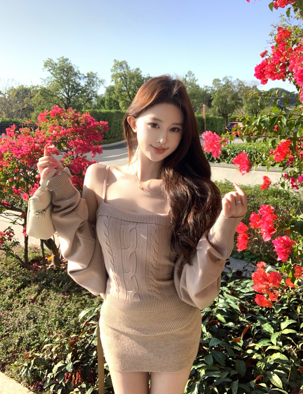 Lantern sleeve cardigan sling vest 2pcs set for women