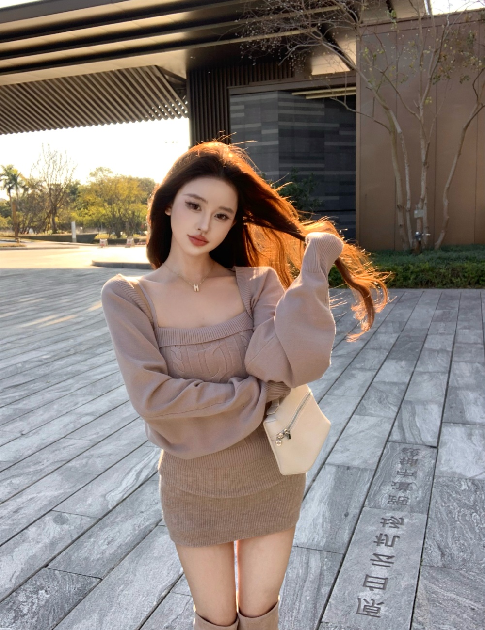 Lantern sleeve cardigan sling vest 2pcs set for women