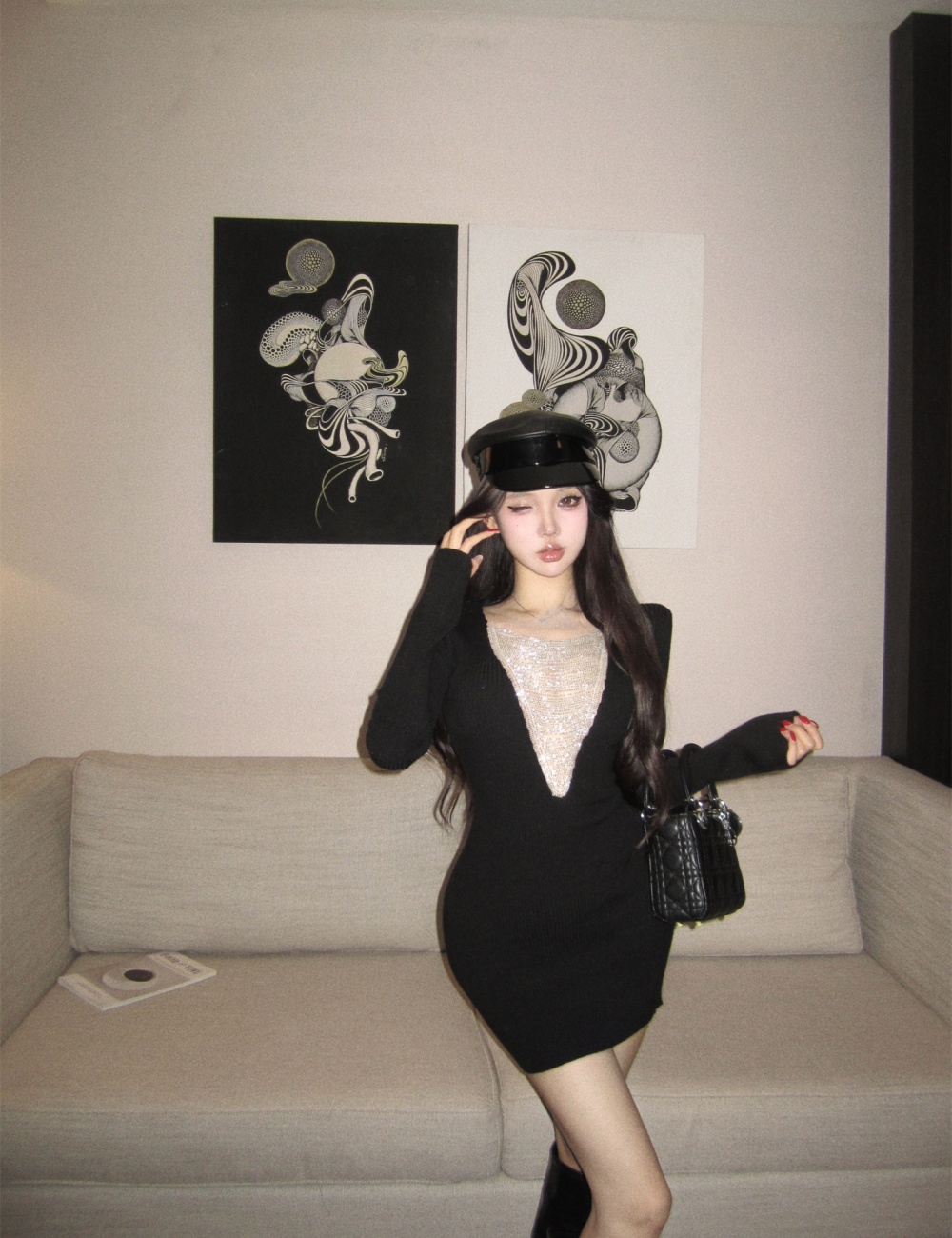 Package hip wool long dress beads knitted dress