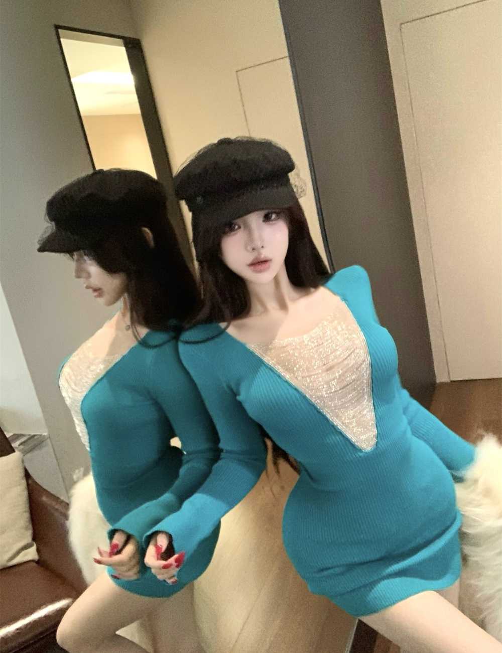 Package hip wool long dress beads knitted dress