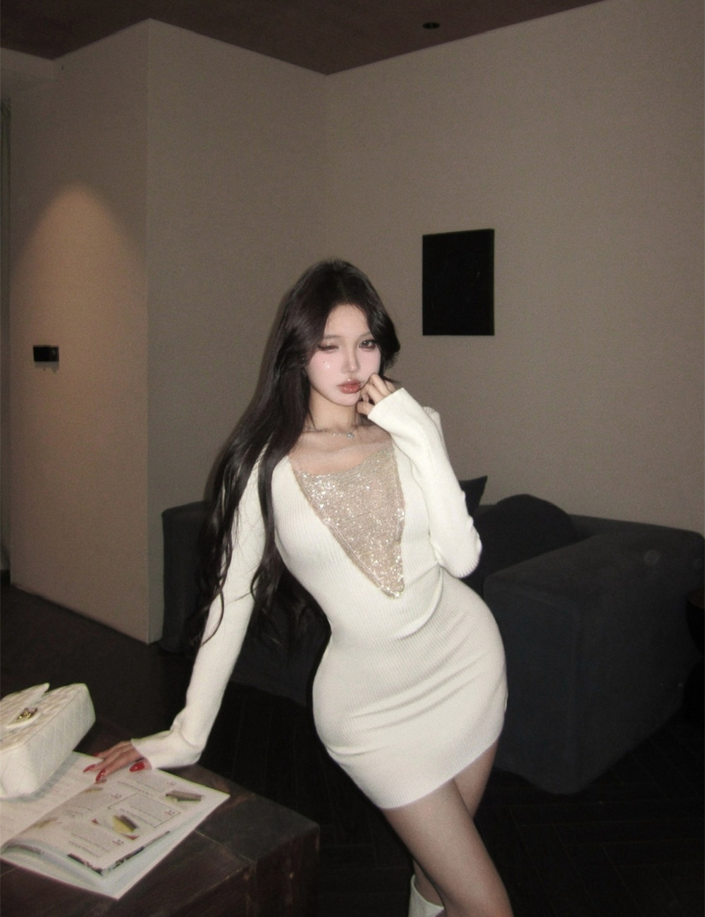 Package hip wool long dress beads knitted dress