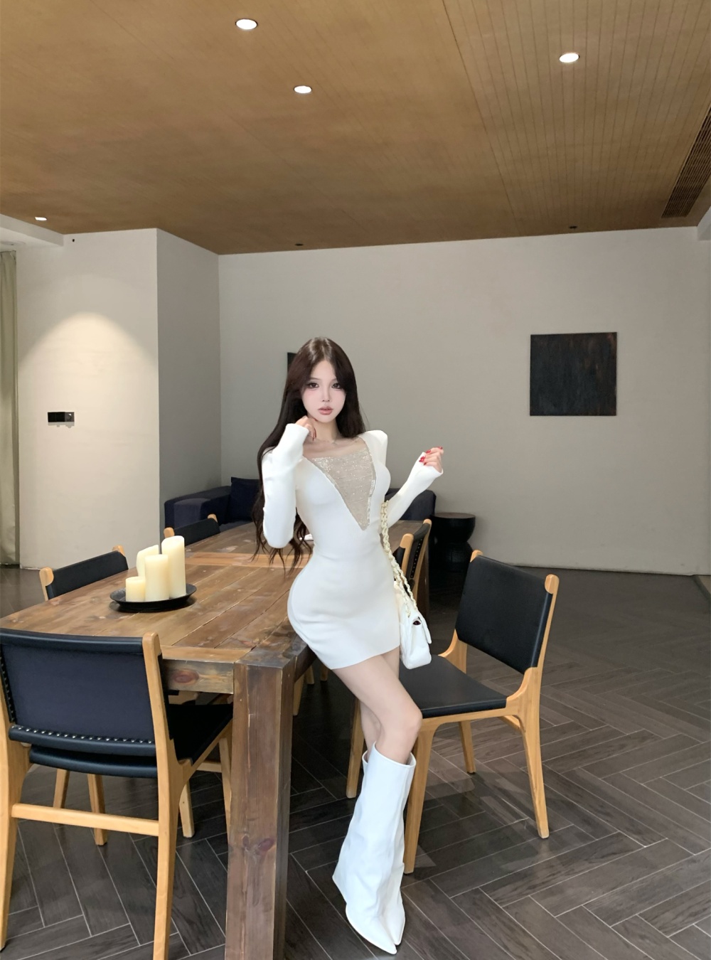 Package hip wool long dress beads knitted dress