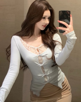 Lace Pseudo-two pinched waist spring ladies splice tops for women