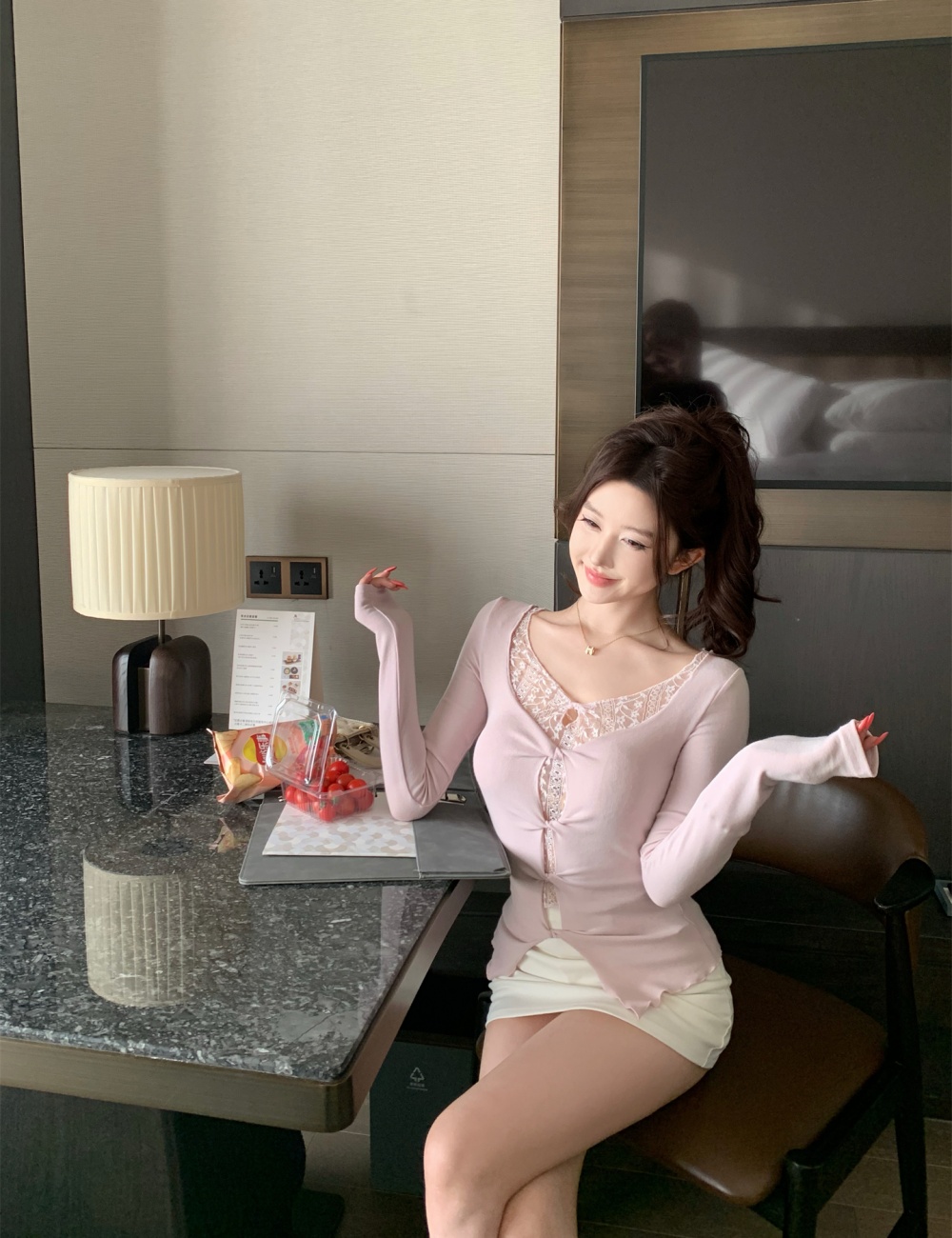 Lace Pseudo-two pinched waist spring ladies splice tops for women