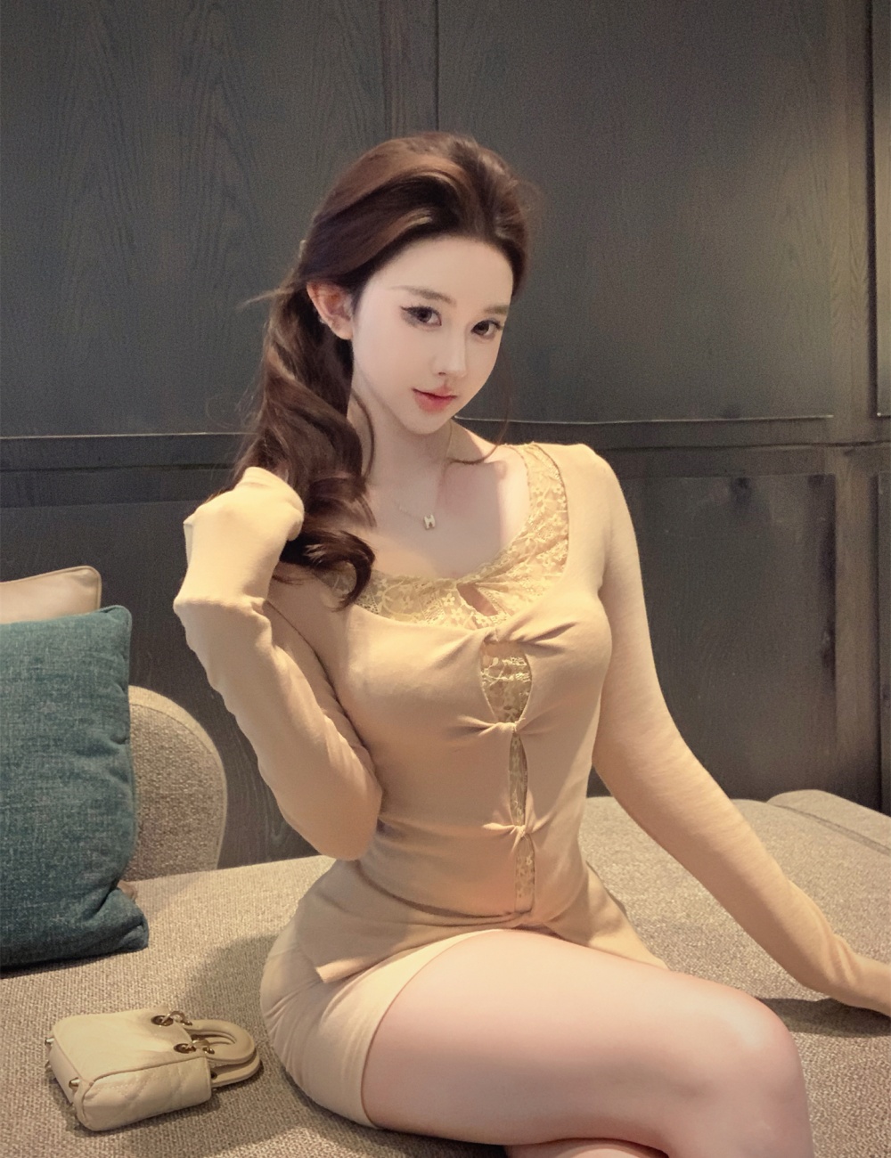 Lace Pseudo-two pinched waist spring ladies splice tops for women