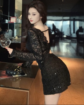 Lace V-neck short skirt sequins tops 2pcs set for women