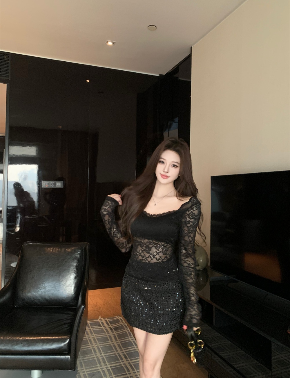 Lace V-neck short skirt sequins tops 2pcs set for women