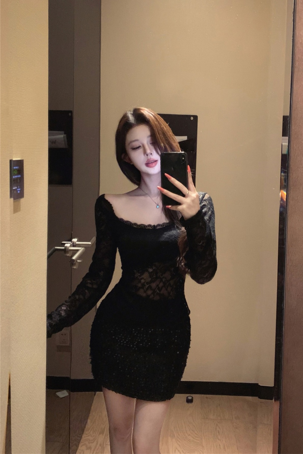 Lace V-neck short skirt sequins tops 2pcs set for women