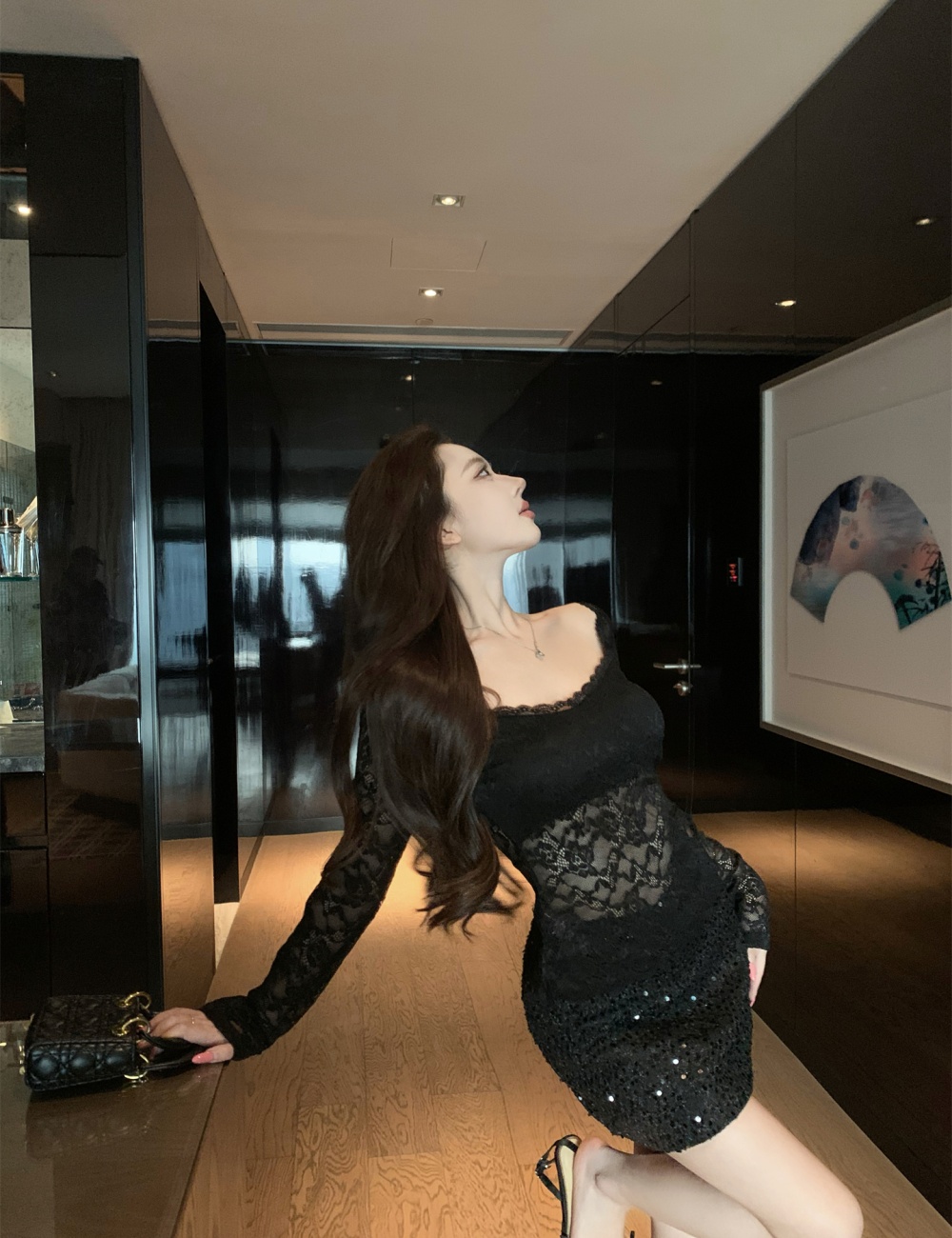 Lace V-neck short skirt sequins tops 2pcs set for women