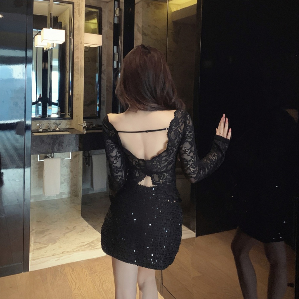 Lace V-neck short skirt sequins tops 2pcs set for women