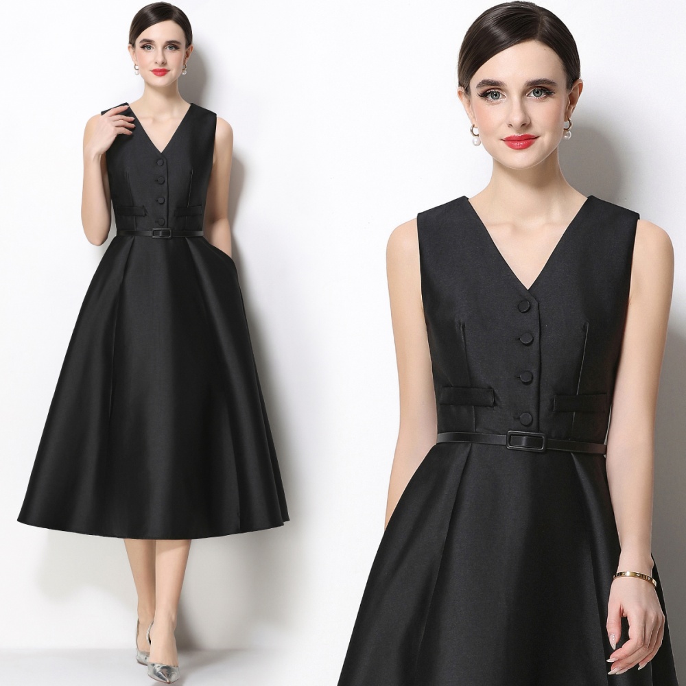 Pinched waist slim elegant with belt single-breasted dress