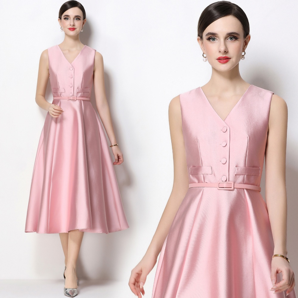 V-neck pinched waist sleeveless long elegant dress for women