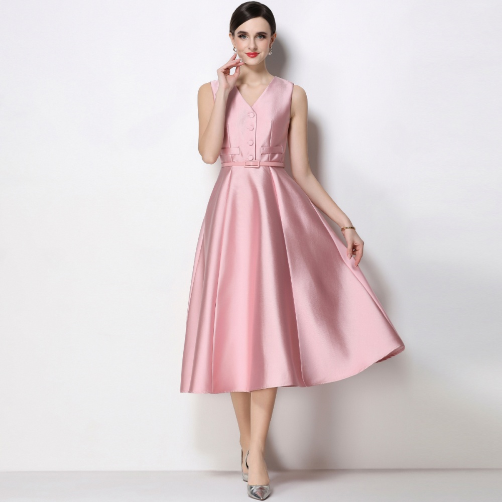 V-neck pinched waist sleeveless long elegant dress for women