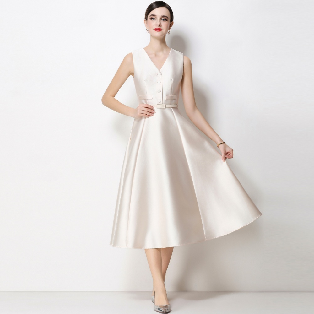 V-neck with belt pinched waist single-breasted dress for women