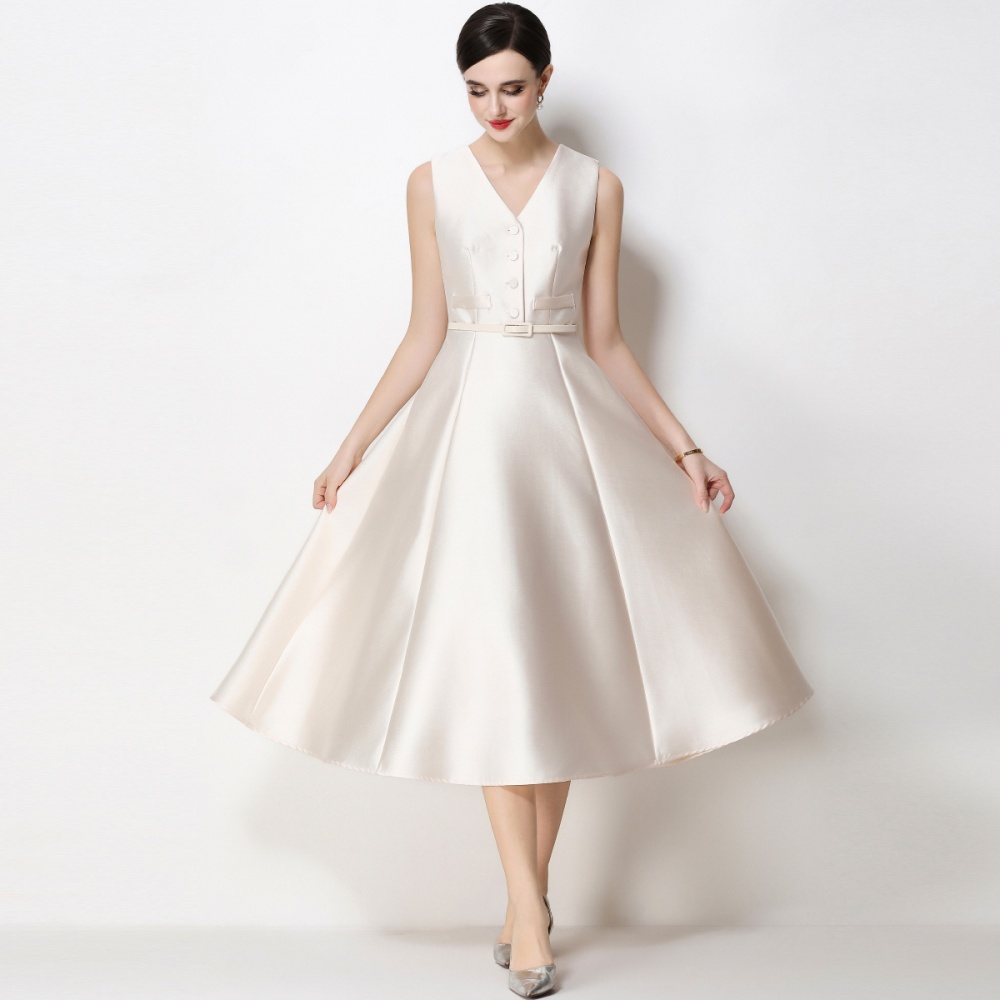 V-neck with belt pinched waist single-breasted dress for women