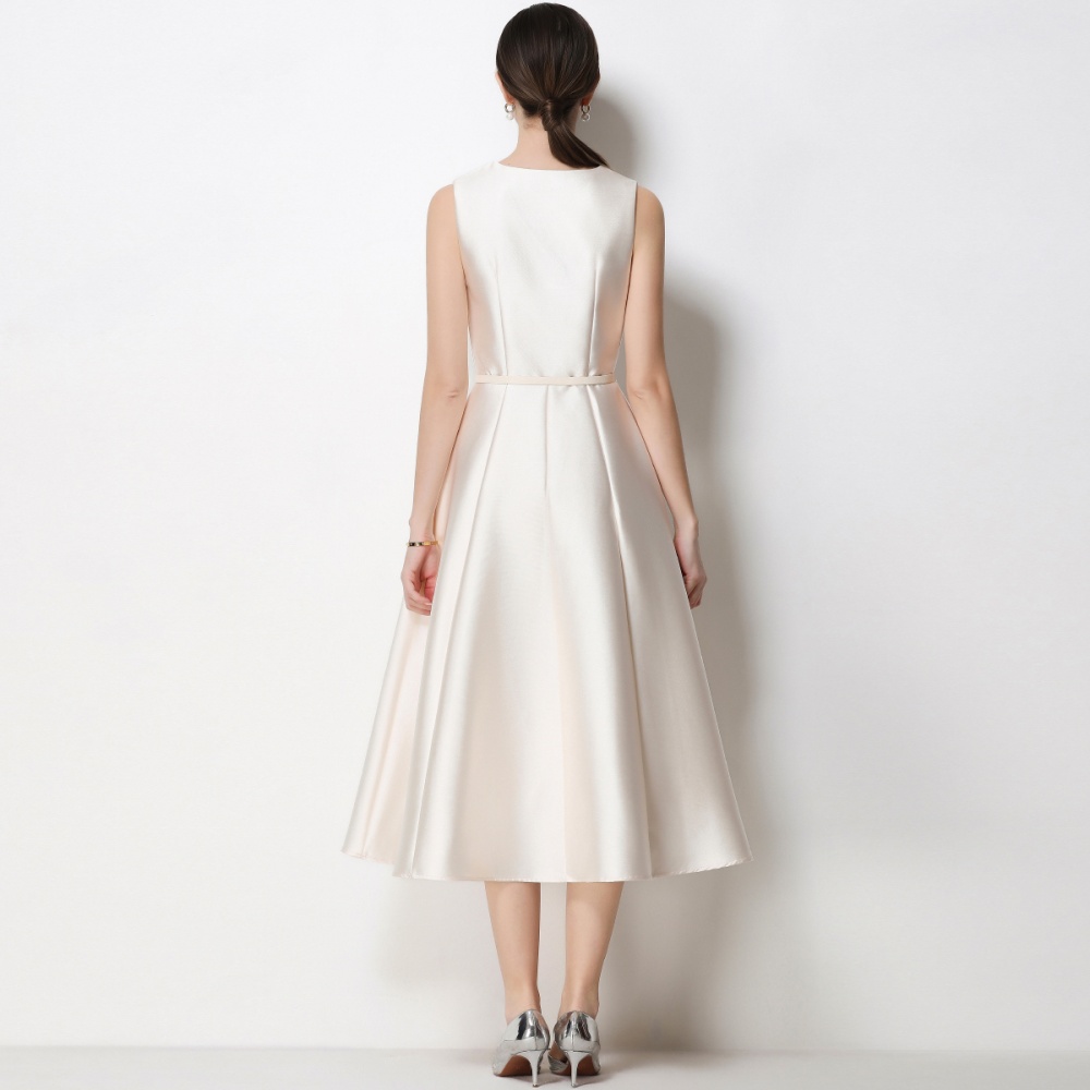 V-neck with belt pinched waist single-breasted dress for women