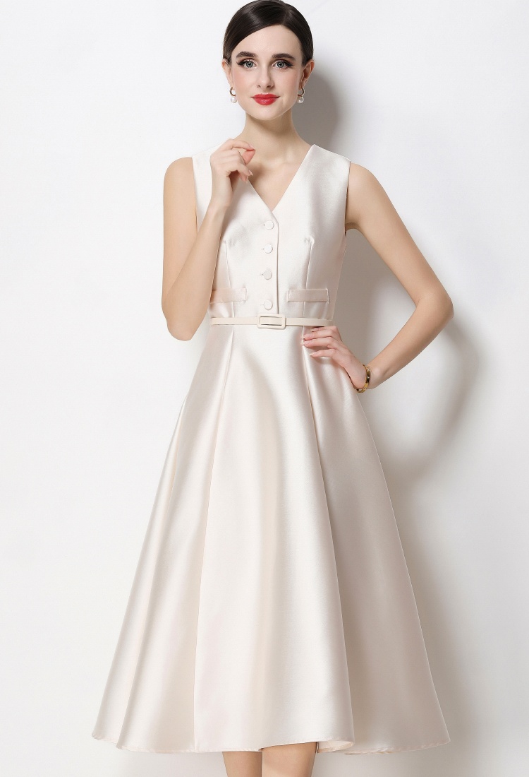 V-neck with belt pinched waist single-breasted dress for women