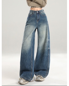 Retro loose straight jeans high waist mopping pants