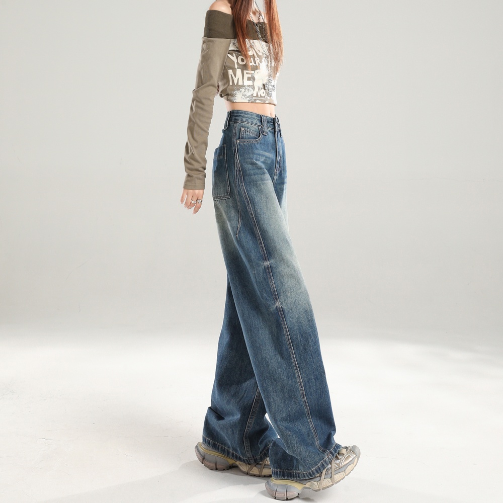 Retro loose straight jeans high waist mopping pants
