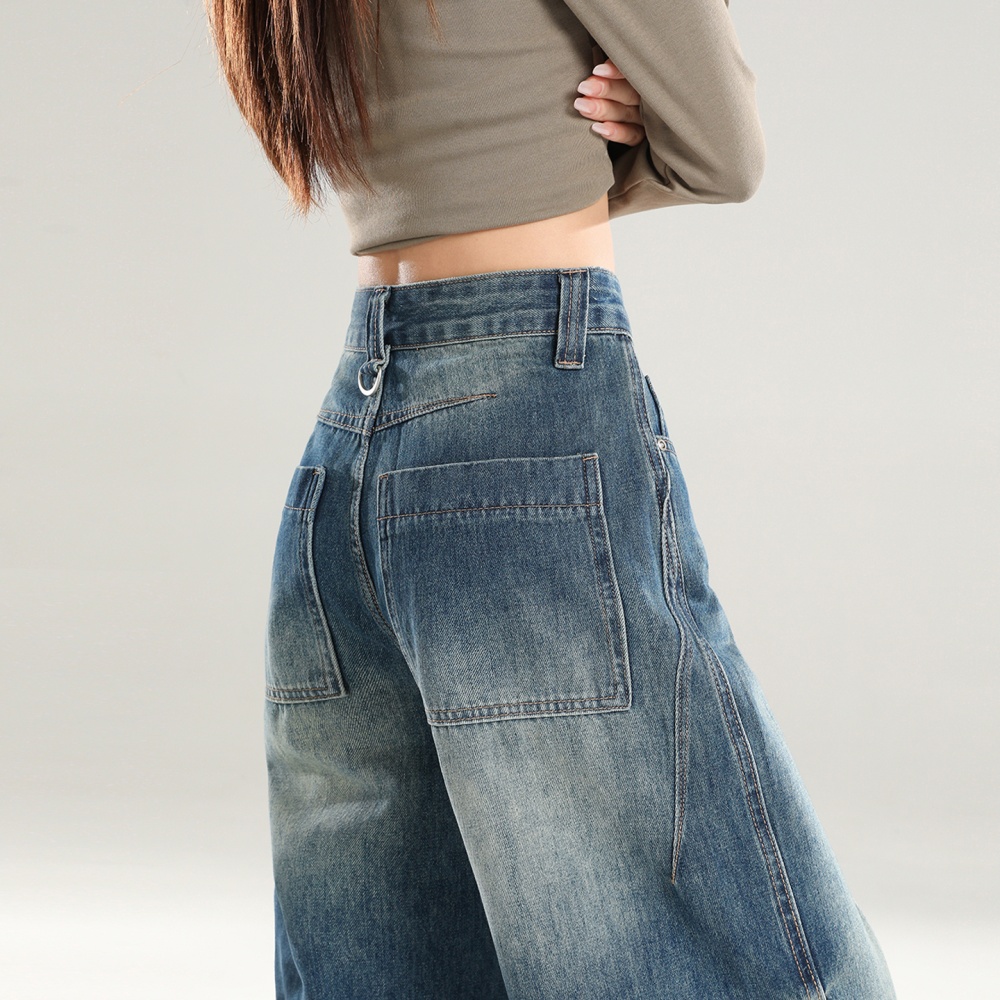Retro loose straight jeans high waist mopping pants