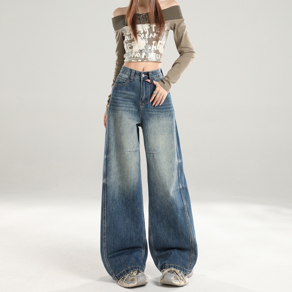 Retro loose straight jeans high waist mopping pants