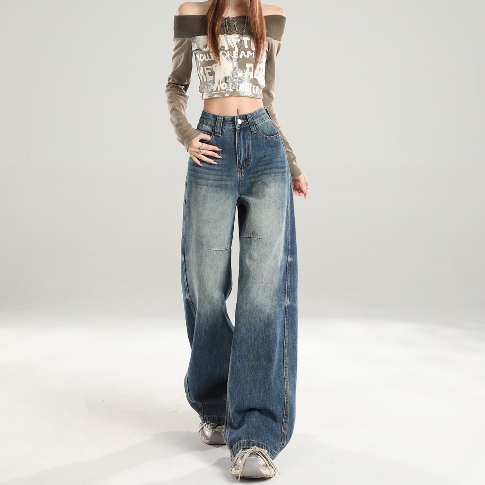 Retro loose straight jeans high waist mopping pants