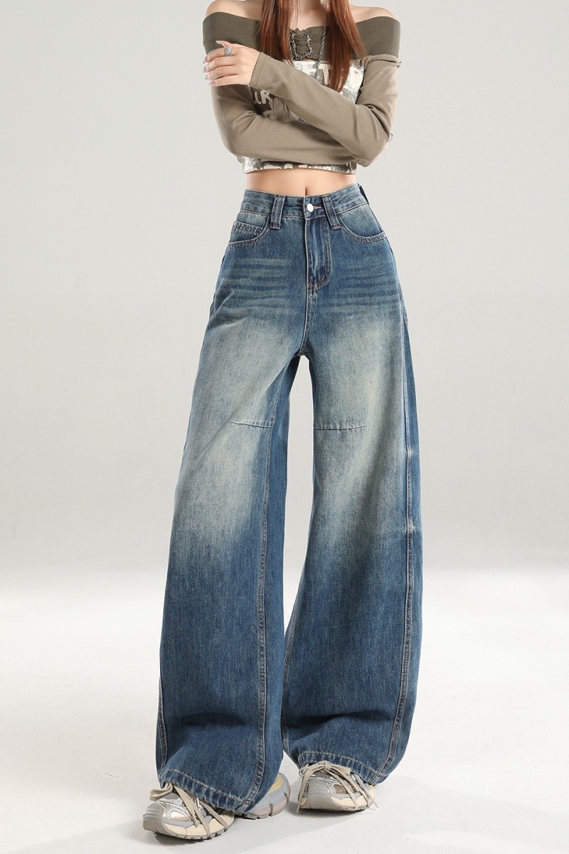 Retro loose straight jeans high waist mopping pants