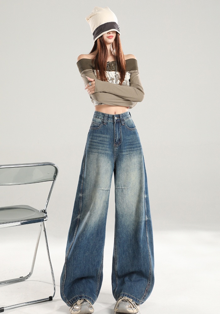 Retro loose straight jeans high waist mopping pants